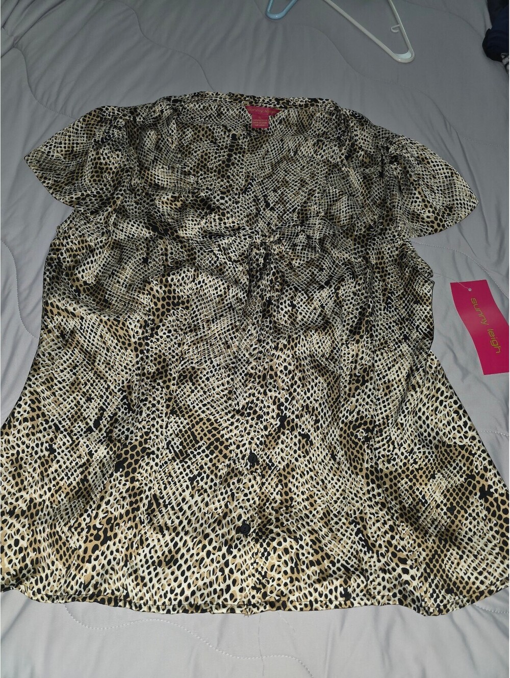 Sunny Leigh Brown Animal Paisley Boho Mixed Print Ruffle Front Blouse XL